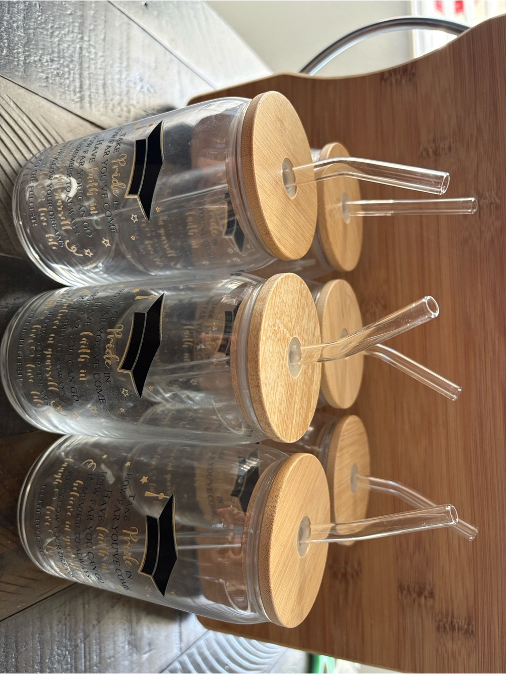 Graduation Glass Tumbler with Bamboo Lid and Straw - Set of 6